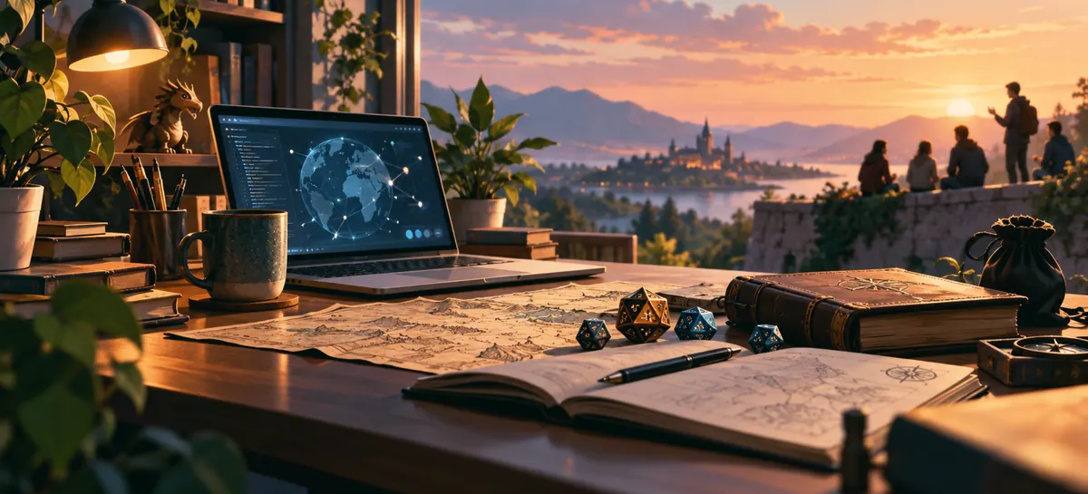 Una scrivania al tramonto: portatile con una rete globale sullo schermo, tazza, mappa, quaderno e dadi da gioco. Sullo sfondo un castello su un lago e quattro persone sedute su un muretto che chiacchierano.