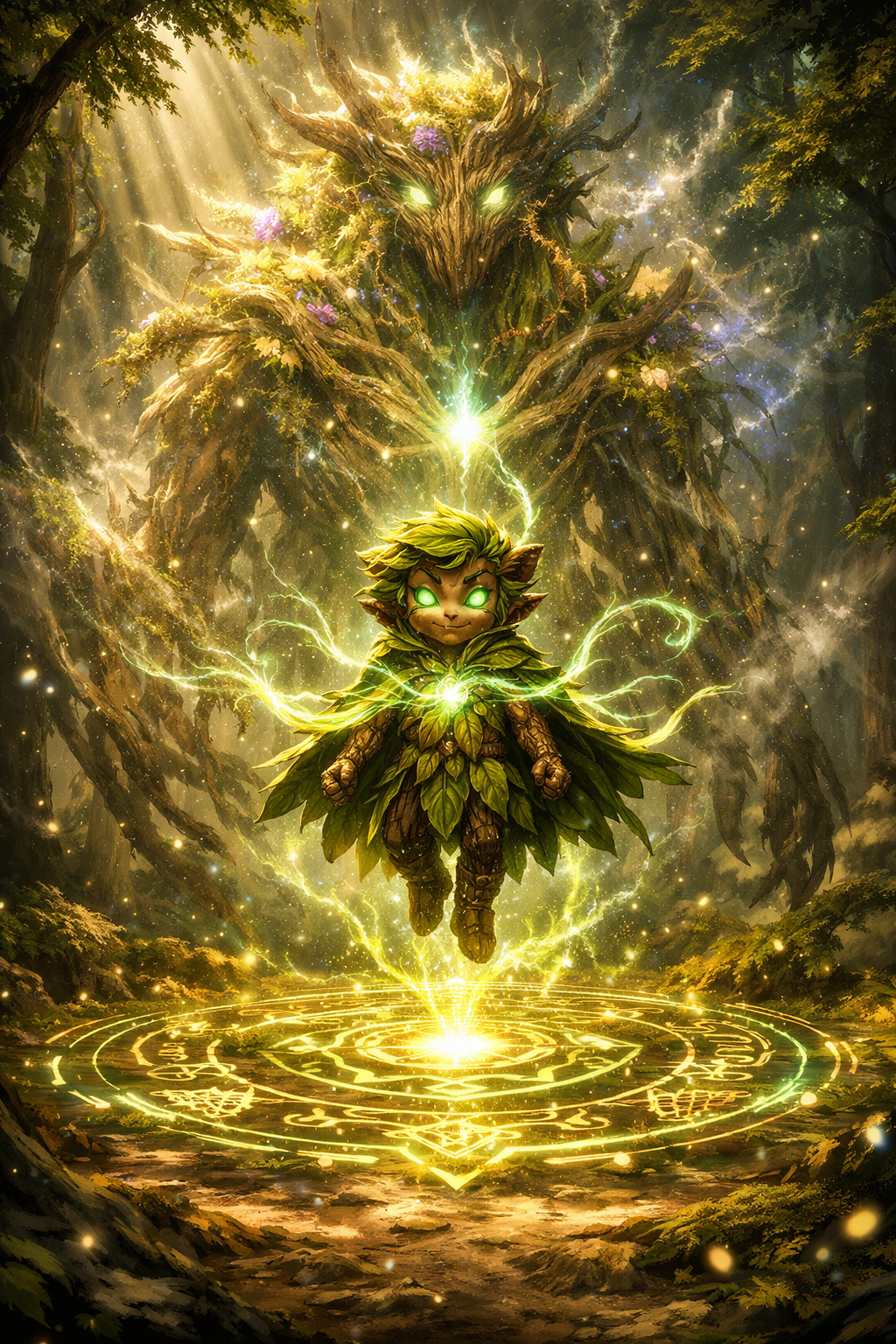 Celebi, piccola creatura luminosa immersa in una luce dorata e verde