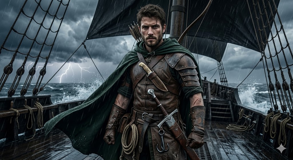 Kael Thorne con un mantello verde sul ponte di una nave nella tempesta